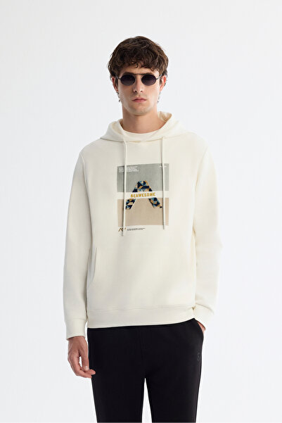 Avva Erkek Ekru Kapüşonlu Pamuklu Baskılı Elastan Regular Fit Sweatshirt A42Y...