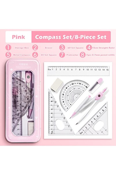 Choice Pink 8PCS A 8PCS/Set Plastic Ruler Compasses Set Eraser Transparent Me...