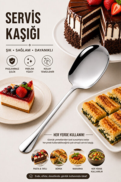 Ercazzo Lüx Servis Kaşığı Seti Büyük Boy Paslanmaz Çelik Kaşık Salata Yemek Servis Mutfak Kaşığı