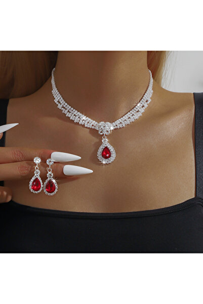 Choice 80834703-RED 3PC Women's Fashion Trend Black Gold Flower Necklace Earr...