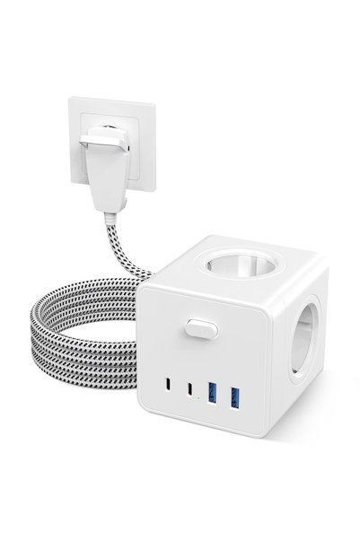 Choice شريط طاقة أوروبي أبيض بـ 4 مخارج، مزود بمنفذ USB، وكابل مضفر بطول 3 أم...