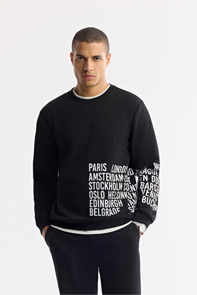 Avva Erkek Siyah Bisiklet Yaka Baskılı Bi-Stretch İnterlok Regular Fit Sweats...