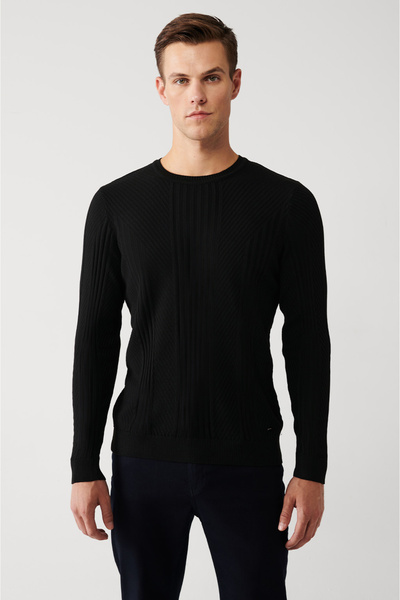 Avva Schwarzer gemusterter Herrenpullover mit Rundhalsausschnitt A32Y5160