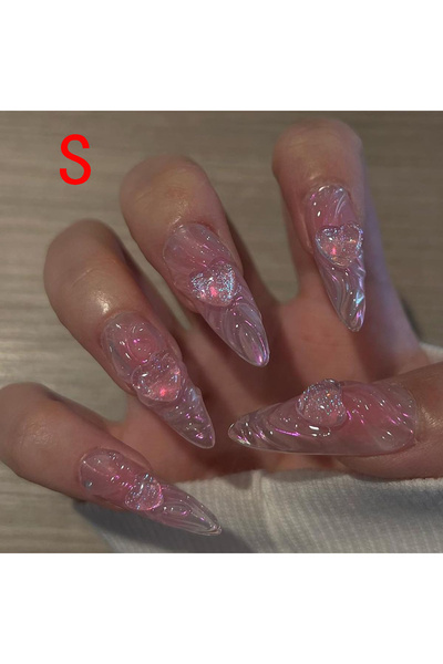 Choice Pink 10PCS Medium Almond Shaped Fake Nails With Heart-Shaped Rhineston...