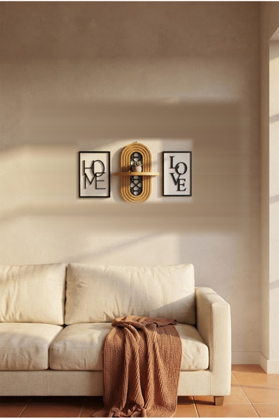 Step and Maker Dekoratif Ahşap Duvar Rafı Home Love Tablo 3'lü Set Salon Süsü