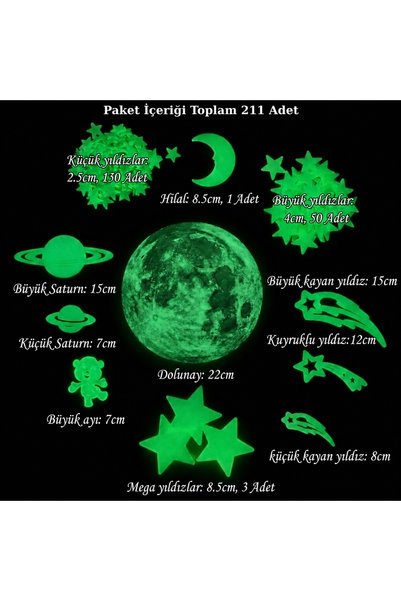 mertyavm Phosphorescent Wall Sticker 210 Pieces Glow-In-The-Dark Moon Star Set Saturn Full Moon Crescent Children's Room