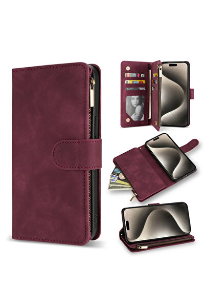 Choice iPhone 15 Pro Case & Strap Wine red Wallet Multi-card Zipper Kickstand...