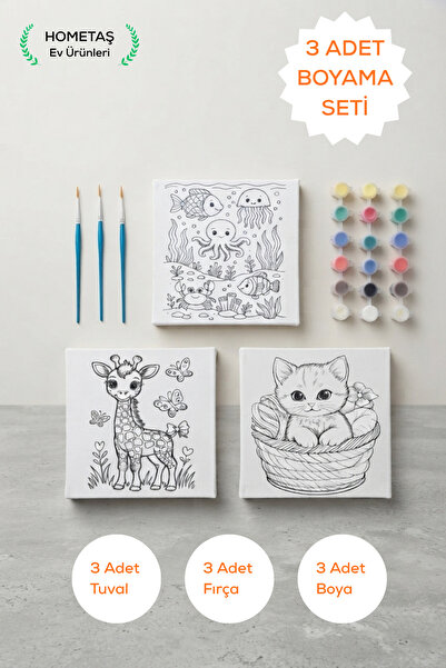 Hometaş Ev Ürünleri 3’lü Kanvas Boyama Seti Tablo – 20x20 cm | 3 Boya ve 3 Fı...