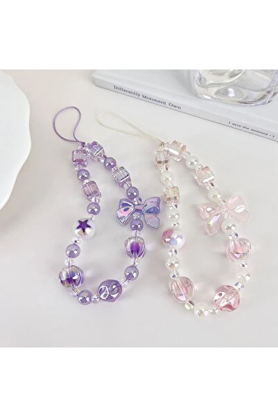 Choice4 1 pink 1 purple Sweet Candy Color Mobile Phone Chain Cute Bow Beaded ...