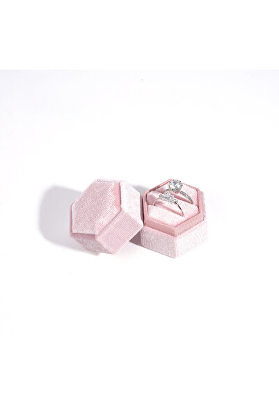 Choice Pink Vintage Hexagon Velvet Jewelry Double Ring Box Empty Case Holder ...