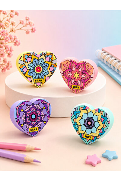 ÖZ OFİS Kawaii 4'lü Özel Kutulu - Motifli Kalp Şeklinde 3D Silgi Seti - 4'lü Set