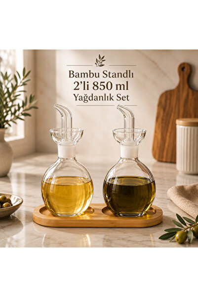 Kitchen Pembelia Bambu Standlı 2’li 850 ml Berosilikat Cam Damlatmaz Yağdanlı...