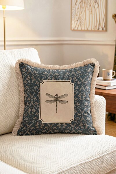 IdeCraft Vintage Dragonfly Patterned Midnight Blue Damask Floor Fringed Throw...