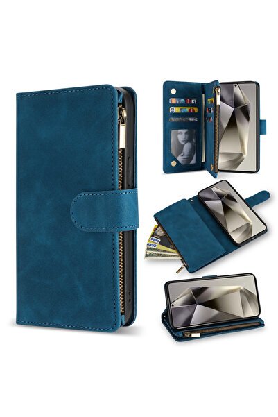 Choice Galaxy S24 Case & Strap Blue Wallet Multi-card Zipper Kickstand Magnet...