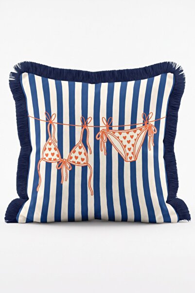 IdeCraft Sailor Striped and Orange String Bikini Illustrated Summer Fringed T...