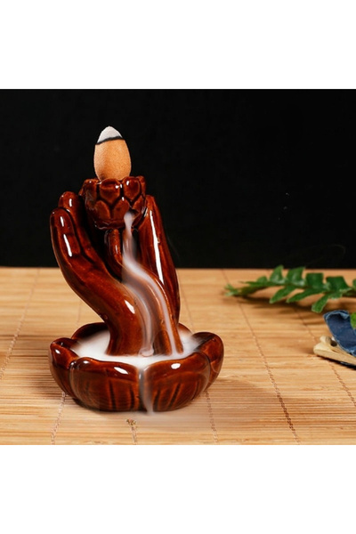 Choice3 BR Black Ceramics Backflow Incense Burner Small Buddha Hand Red Lotus...