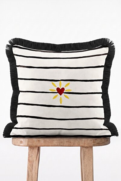 IdeCraft Black and White Striped Fringed Throw Pillow Cover with Red Heart an...