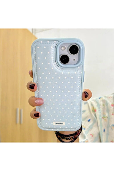 Choice14 iPhone 15 Blue Korean Blue And Pink Polka Dots Bulge Leather Phone C...