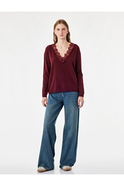 Koton Lace Detailed Regular Fit V-Neck Long Sleeve Knitwear Sweater