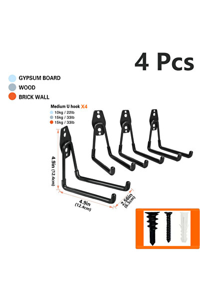 Choice 4Pcs-Black 4/12 Heavy-Duty Metal Hooks for Wall Mounting, Garage Stora...