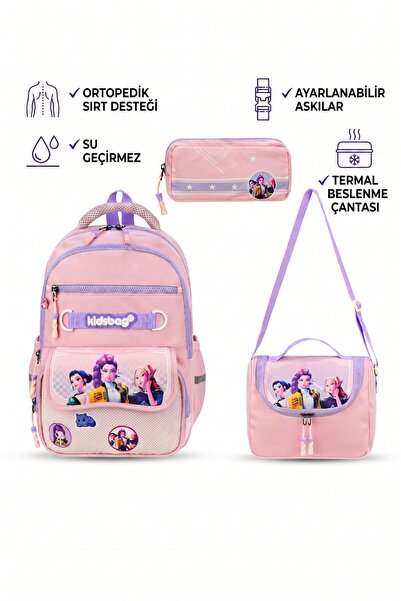 duhay Kore Desenli Kız Çocuk Okul Çantası Seti Termal Beslenmeli ve Kalemlikl...