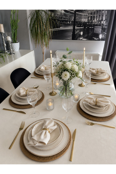 Decamor home Pearl Velvet Textured Stain-Resistant Ecru Tablecloth (Napkins N...