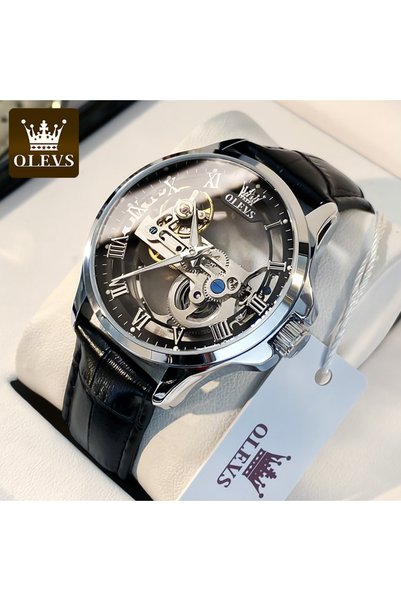 OLEVS Silver Black OLEVS 6661 Full Transparant Skelton Flywheel Automatic Mec...