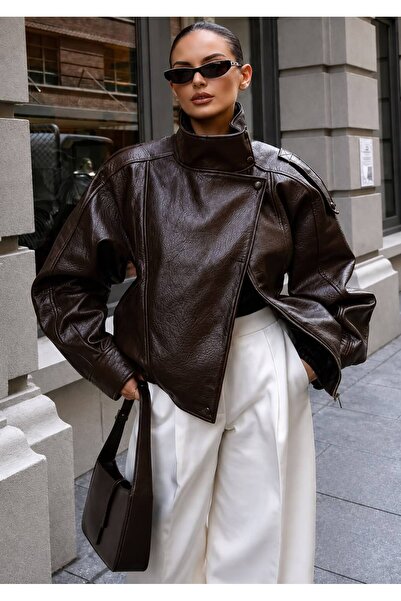 mega lucky Zr Model Bitter Brown Oversize Stand Collar Leather Jacket