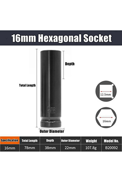 Choice10 16mm 1/2" Drive Deep Impact Socket Drive Metric Wrench Socket Deep I...
