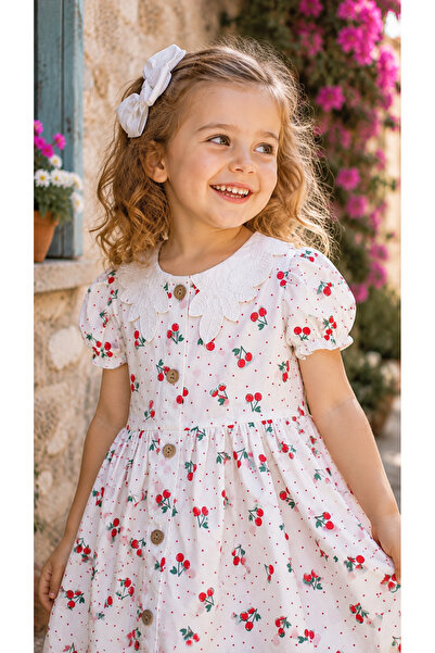 NOTA KİDS Girl's White Cherry Patterned Doll Collar Cotton Summer Dress