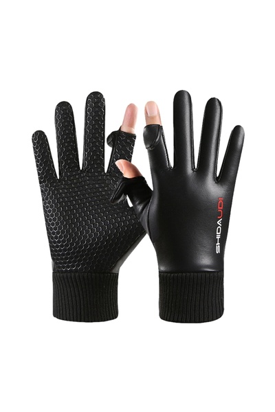 Choice A Two Fingers Flip-Up Gloves, PU Leather Warm Gloves, Waterproof and C...