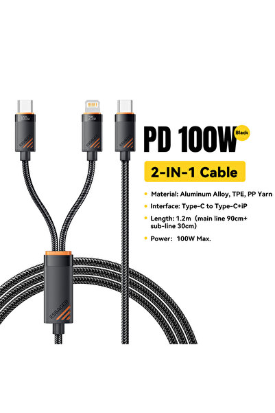 essager 1.2m C to C and iP Black ESSAG 2 in 1 USB C Cable for iPhone16 15 14 ...