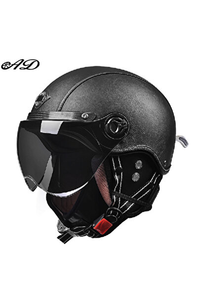 Choice خوذة دراجة نارية سوداء 3 AD Retro مع خوذة جلدية Harley Visor للرجال در...