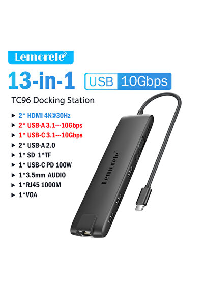 Choice موزع USB متعدد الوظائف 13 في 1 من ليموريل TC96، محطة توصيل USB 3.1، مح...