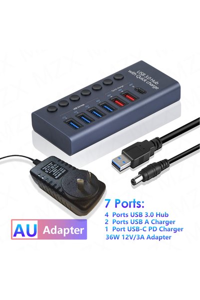 Choice7 شاحن 7 HUB من AU MZX، موزع USB 3.0 A متعدد المنافذ (10/7/4 منافذ)، مو...