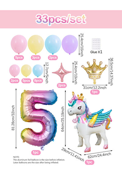 Choice Other Number 5 1/33pcs Unicorn Rainbow Birthday Balloons, 0-9 Numbers,...