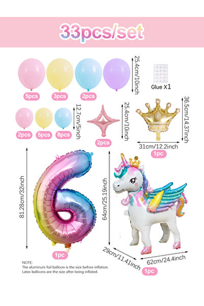 Choice Other Number 6 1/33pcs Unicorn Rainbow Birthday Balloons, 0-9 Numbers,...