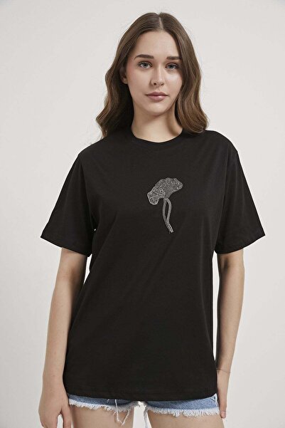 Arma Life Armalife 3002 Bi̇s Collar Stone Flower Detail Women's T-Shirt