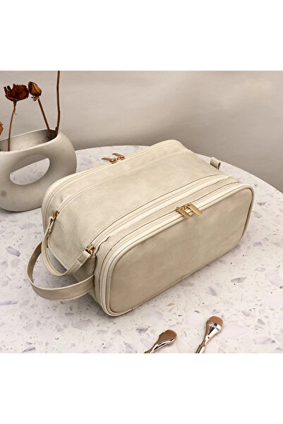 Choice Beige Multifunctional Makeup Bag For Women PU Leather Large Capacity P...