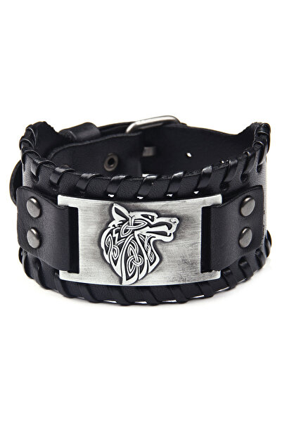 choice2 ASL70431-3 Men's Stylish Viking Themed Leather Wristband Bold Wolf Mo...