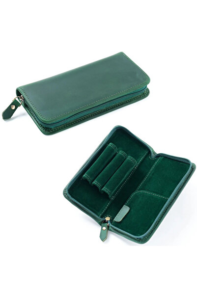 Choice Green Genuine Leather Zipper Pencil Case Multi-functional Pen Pouch Pe...