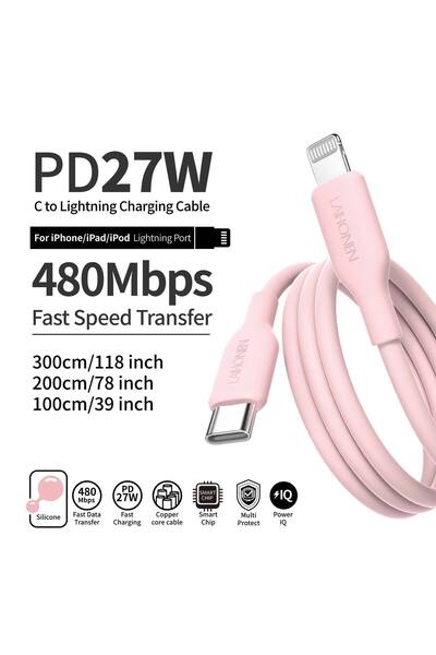 Choice 3m Pink Pink Silicone USB-C to Lightning Cable (1/2/3m) with 27W PD Fa...