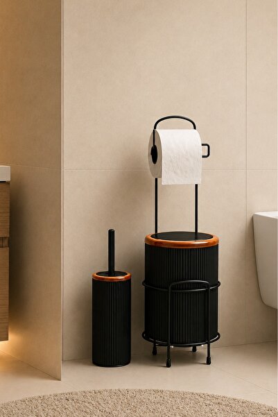 decorev Modern Standlı Banyo Seti – Kapaklı Çöp Kovası, Tuvalet Kağıtlığı ve WC Fırçası | Minimal Tasarım