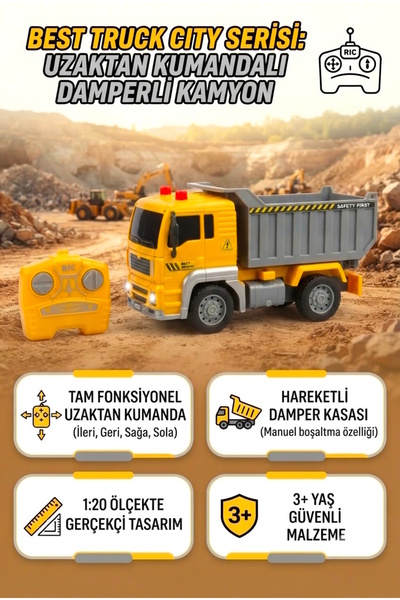 Tıfıl Toys Kumandalı Pilli Işıklı 1:20 Ölçek Sesli Eğitici Oyuncak Damperli K...