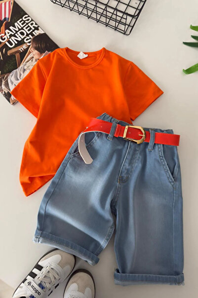 Minigimin Cicileri My Little Boy's Neon Orange Basic T-Shirt Boys' Denim Shor...