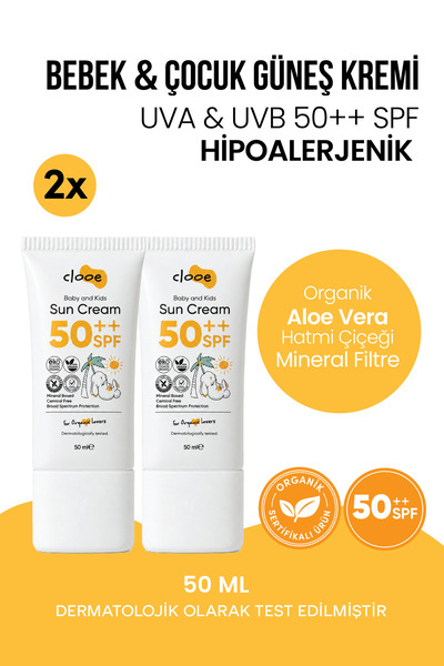 clooe 2'li Bebek & Çocuk Güneş Kremi SPF 50++ 50 ml - Mineral Filtreli - Yüks...