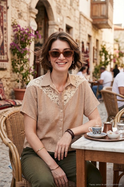 Lela Dantelli Relaxed Fit Kısa Kollu Gömlek GÖMLEK 5865764
