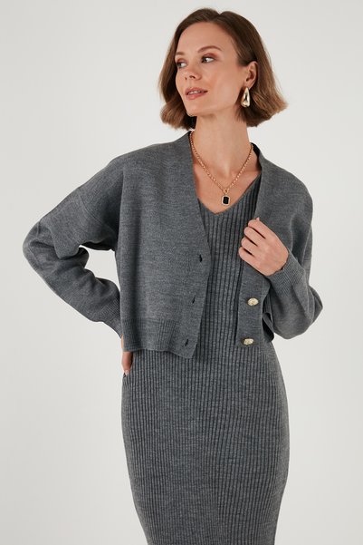 Lela V Yaka Düğmeli Triko Crop Hırka  HIRKA 4616170