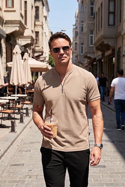 Buratti Βαμβακερό T-Shirt με κανονική εφαρμογή και μισό φερμουάρ Ανδρικό T-Sh...