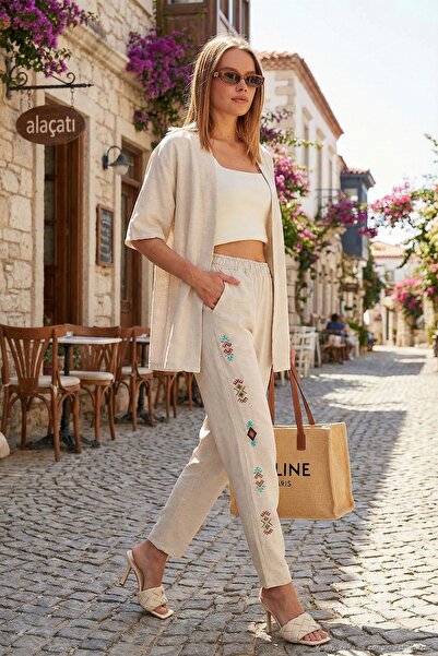 Lela Pantaloni harem Bohem, brodați, din amestec de in și bumbac, PANTS 5865050
